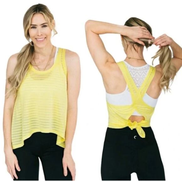 ZYIA Tops - Zyia Active Nimbus Split Back Tank Top Large Yellow Open Back Sheer Stripe EUC